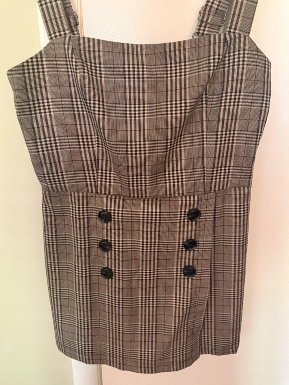 Plaid Button-Front Pinafore Dress in Brown and Black